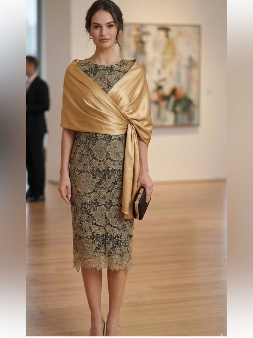 ECI New York Foiled Gold Lace Cap Sleeve Midi Sheath Dress New Size 8 - Picture 3 of 8